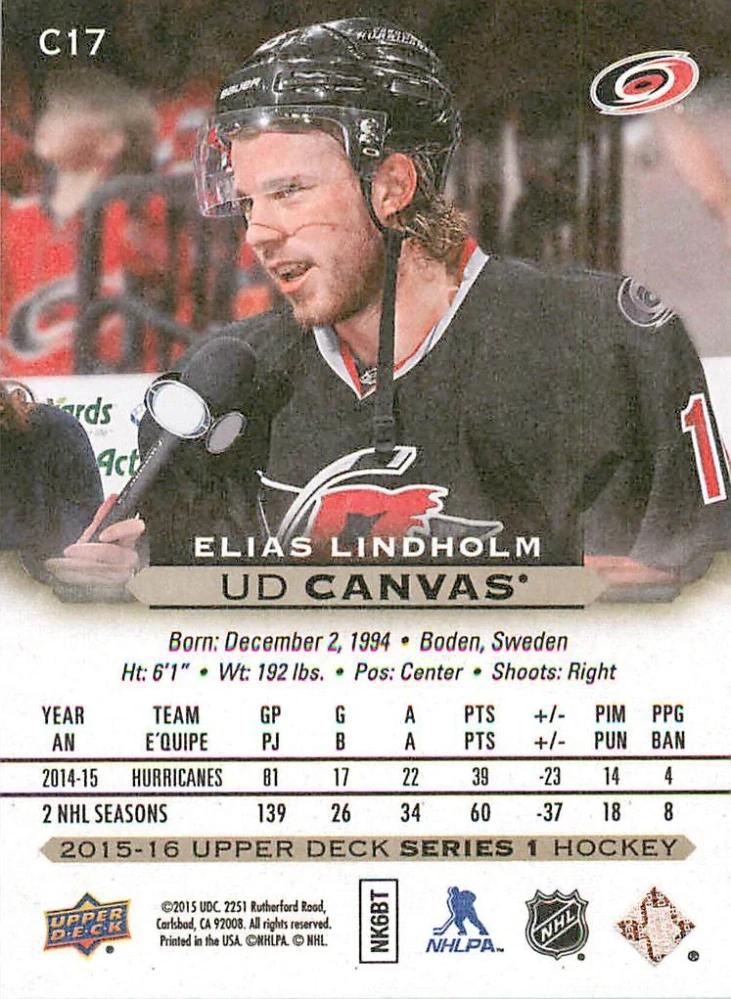 2015-16 UD Series 1 - Elias Lindholm - Canvas #C17