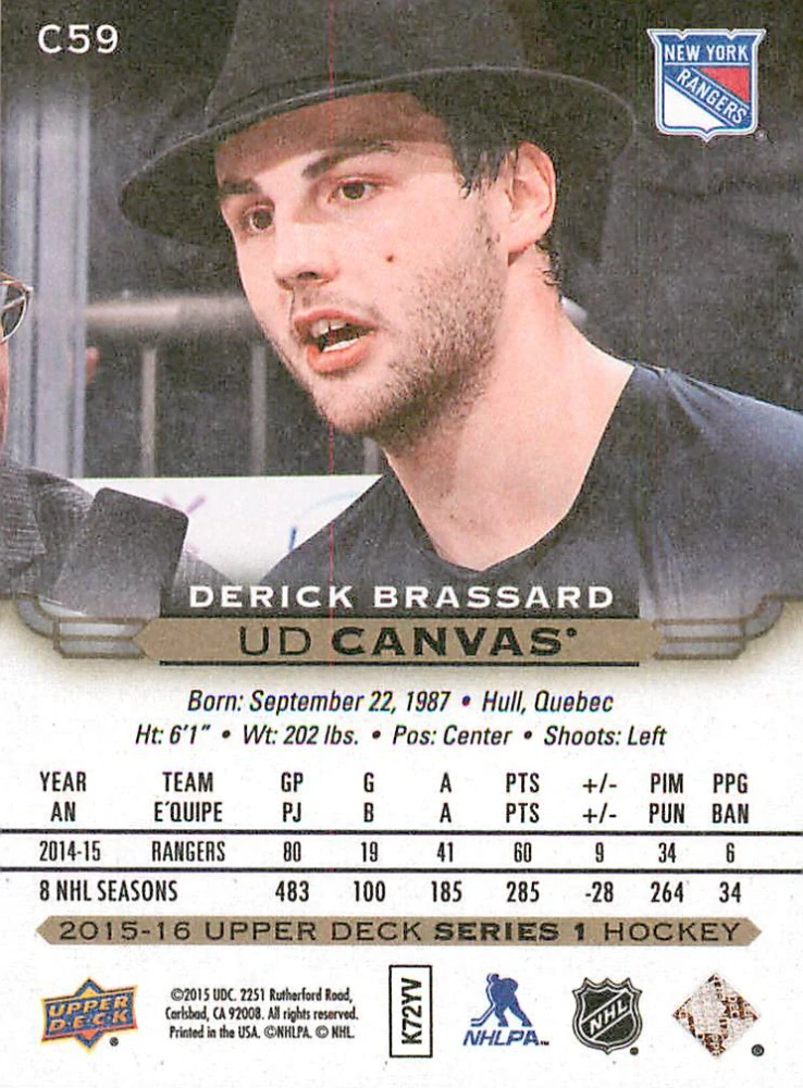 2015-16 UD Series 1 - Derick Brassard - Canvas #C59