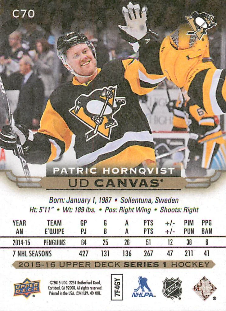 2015-16 UD Series 1 - Patric Hornqvist - Canvas #C70