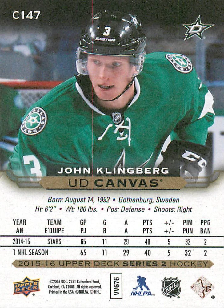 2015-16 UD Series 2 - John Klingberg - Canvas #C147