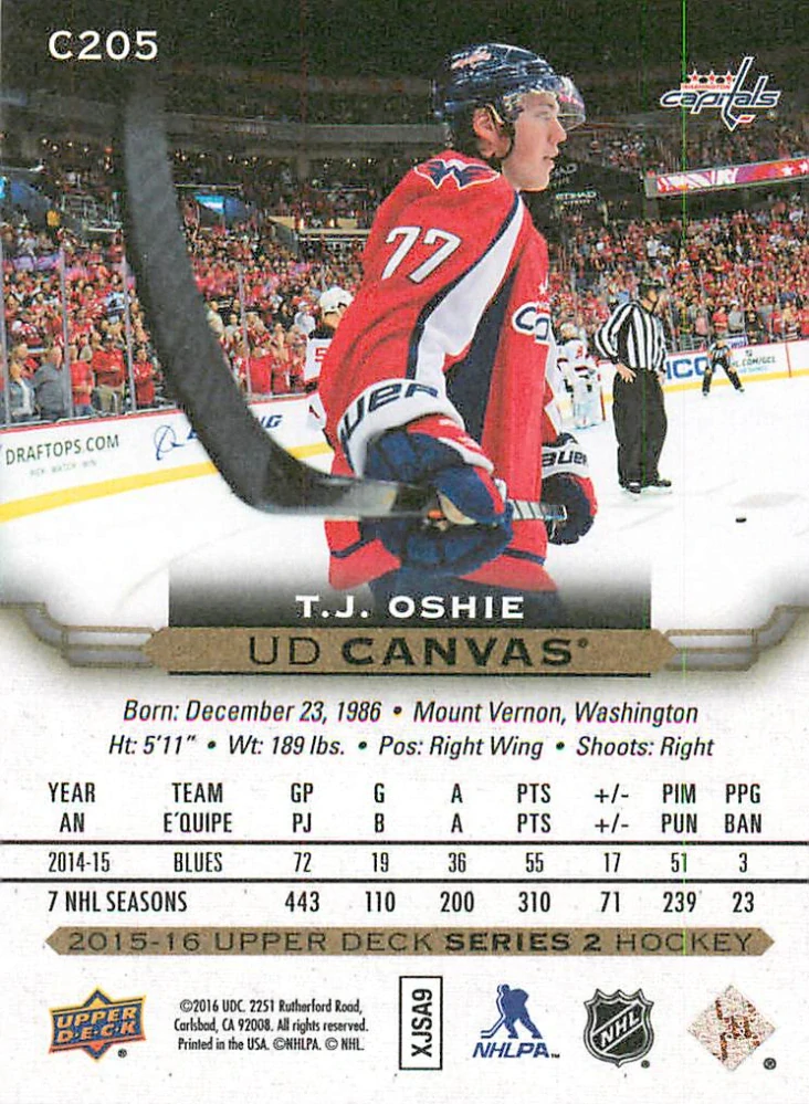 2015-16 UD Series 2 - T.J. Oshie - Canvas #C205