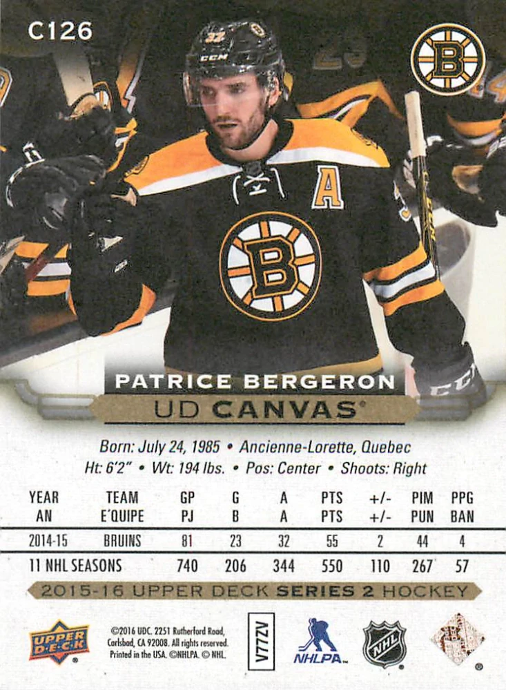 2015-16 UD Series 2 - Patrice Bergeron - Canvas #C126