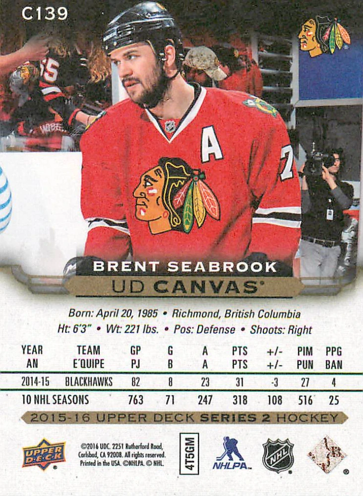 2015-16 UD Series 2 - Brent Seabrook - Canvas #C139