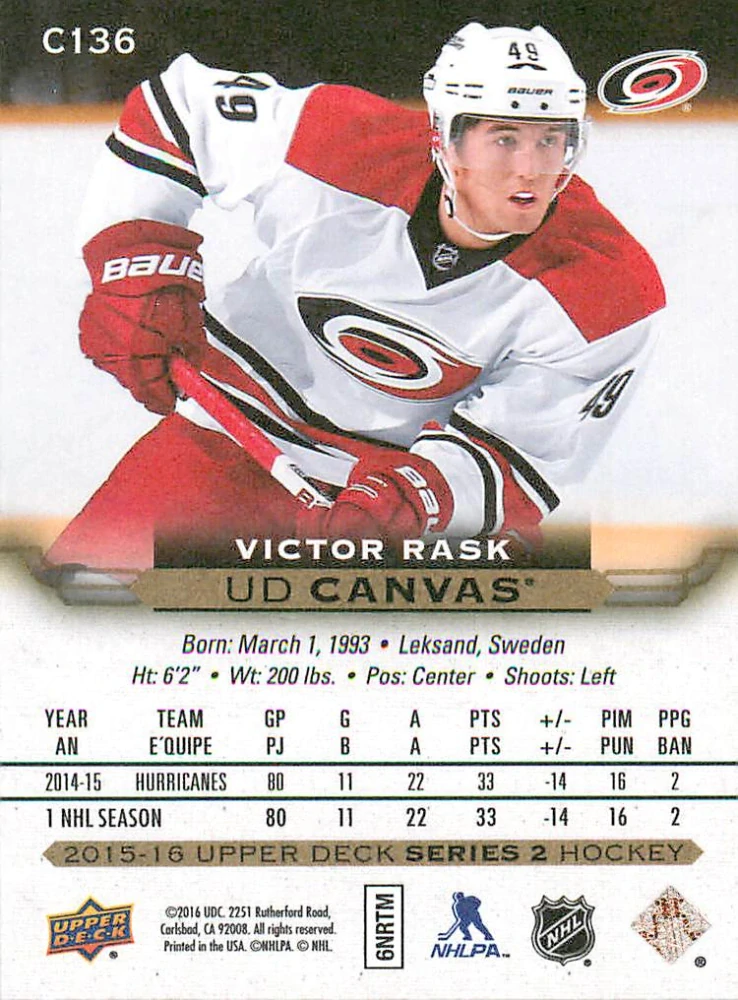 2015-16 UD Series 2 - Victor Rask - Canvas #C136