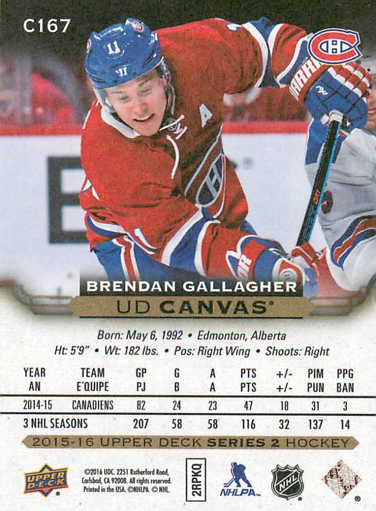 2015-16 UD Series 2 - Brendan Gallagher - Canvas #C167