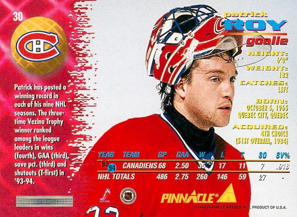 1994-95 Pinnacle - Patrick Roy #30