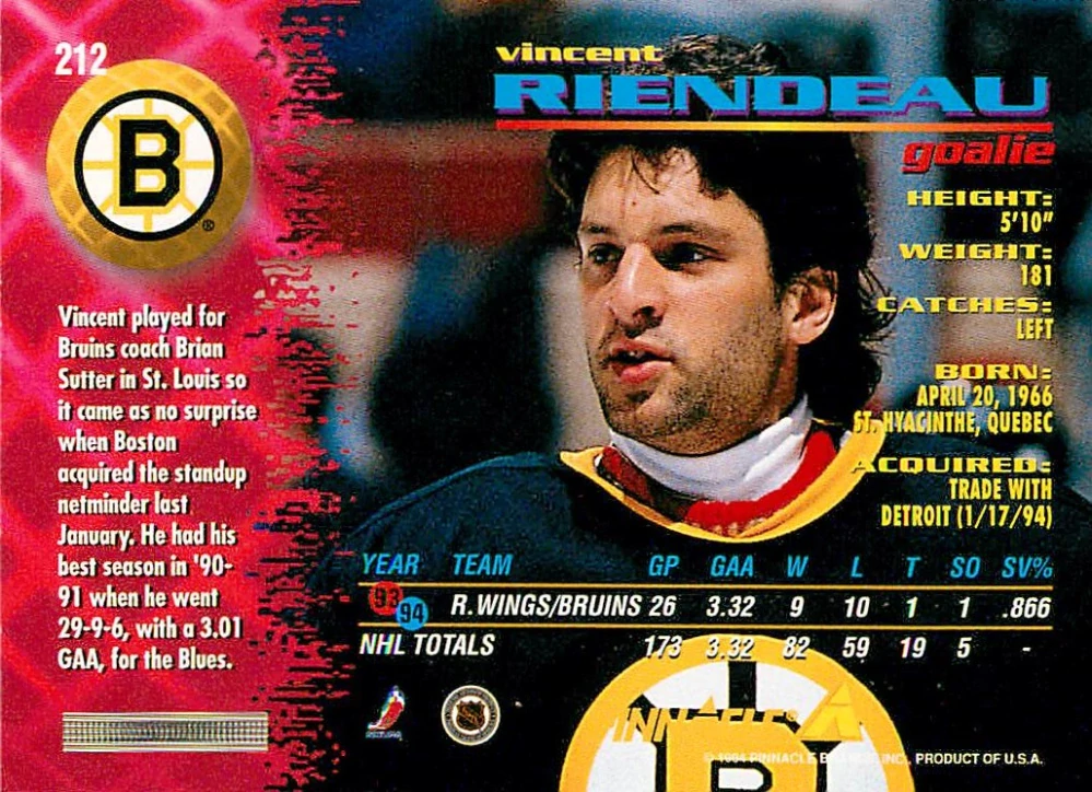 1994-95 Pinnacle - Vincent Riendeau #212