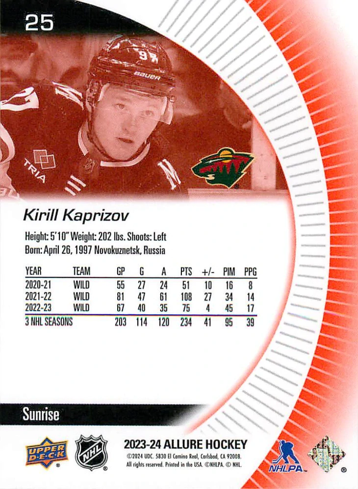 2023-24 UD Allure - Kirill Kaprizov - Sunrise #25