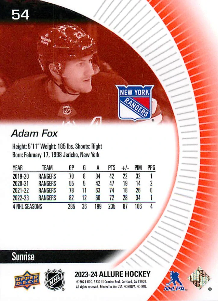 2023-24 UD Allure - Adam Fox - Sunrise #54