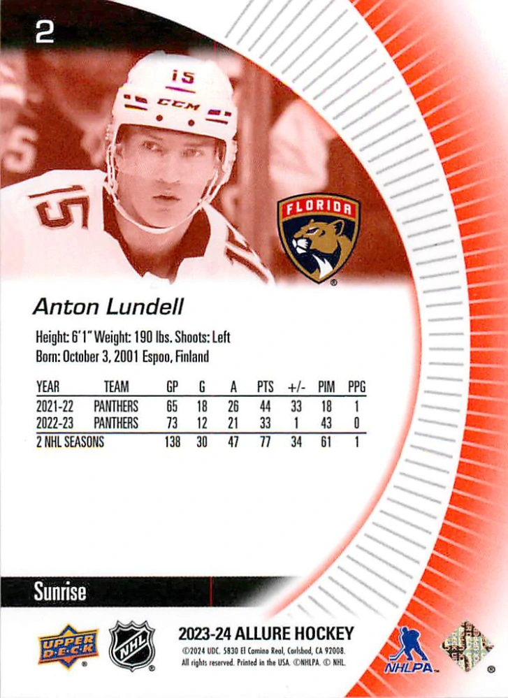2023-24 UD Allure - Anton Lundell - Sunrise #2