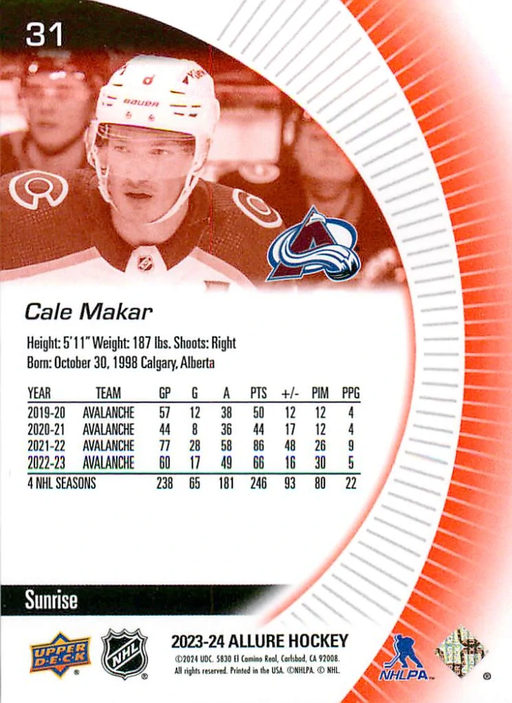 2023-24 UD Allure - Cale Makar - Sunrise #31