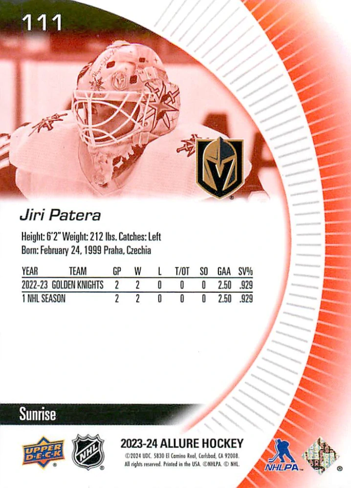 2023-24 UD Allure - Jiří Patera - Rookie Sunrise #111