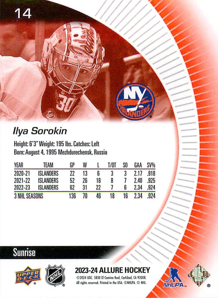 2023-24 UD Allure - Ilya Sorokin - Sunrise #14