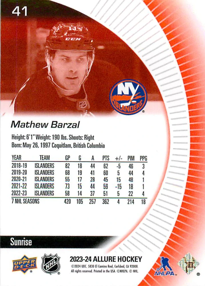2023-24 UD Allure - Mathew Barzal - Sunrise #41