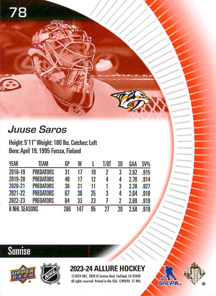 2023-24 UD Allure - Juuse Saros - Sunrise #78