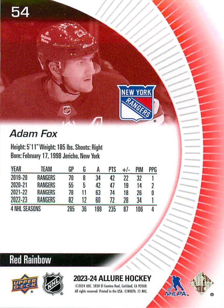 2023-24 UD Allure - Adam Fox - Red Rainbow #54