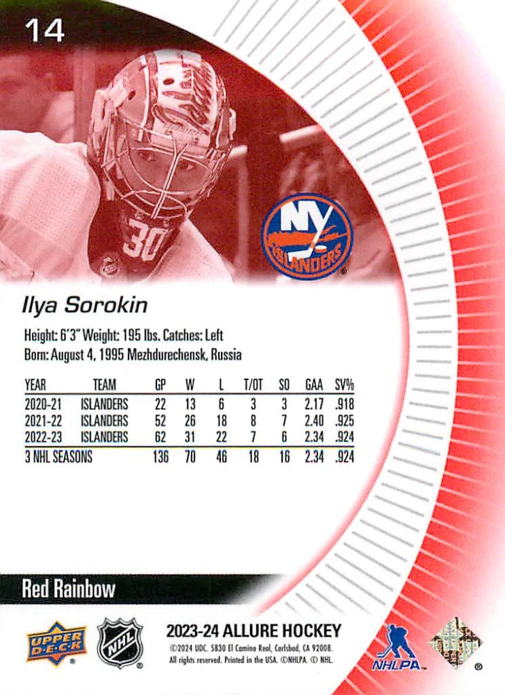 2023-24 UD Allure - Ilya Sorokin - Red Rainbow #14