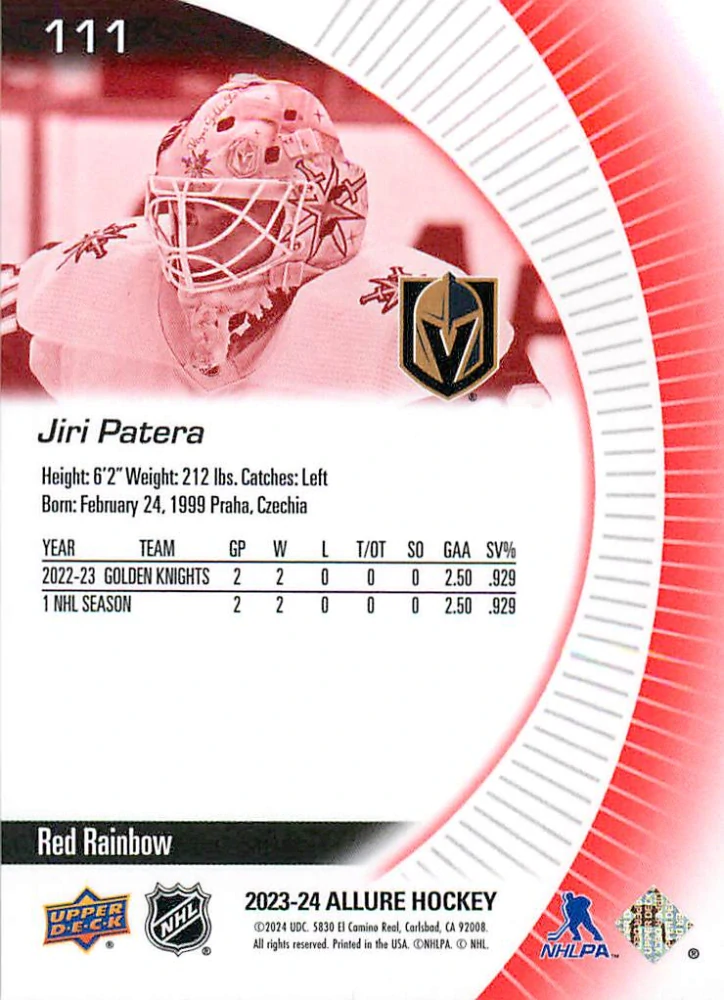 2023-24 UD Allure - Jiří Patera - Rookie Red Rainbow #111
