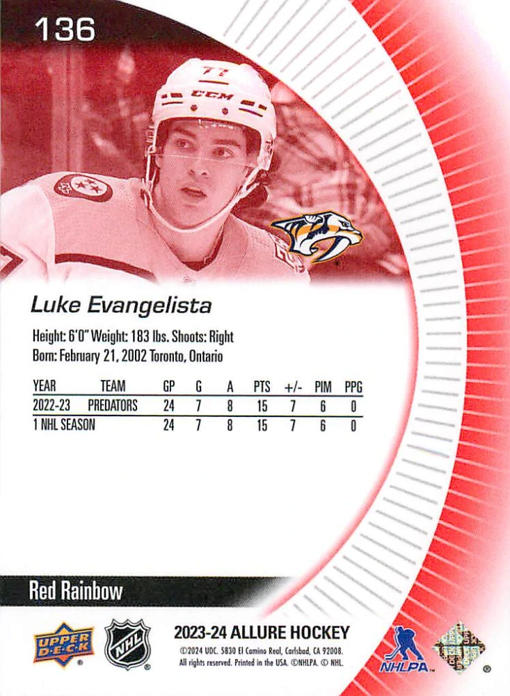 2023-24 UD Allure - Luke Evangelista - Rookie Red Rainbow #136