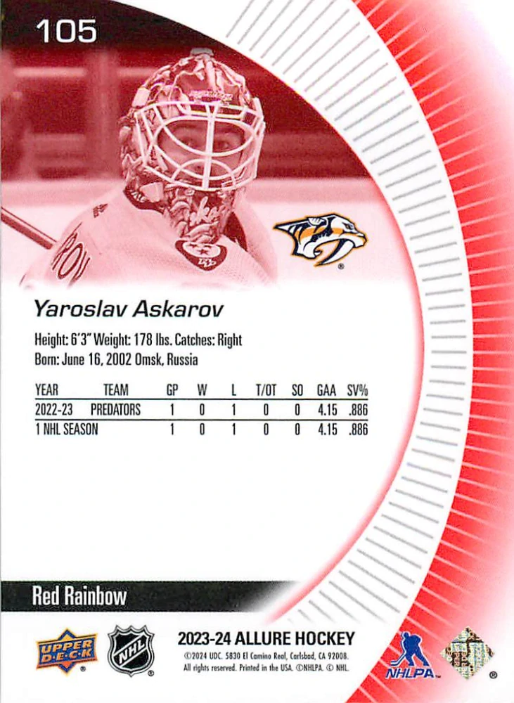 2023-24 UD Allure - Yaroslav Askarov - Rookie Red Rainbow #105