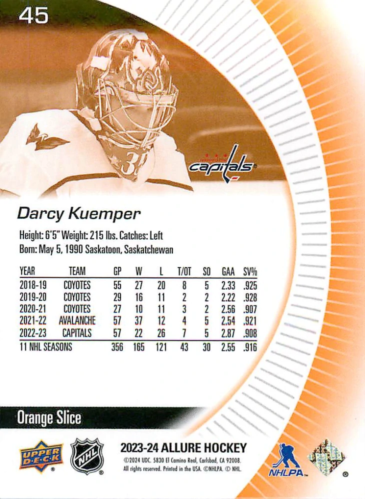 2023-24 UD Allure - Darcy Kuemper - Orange Slice #45
