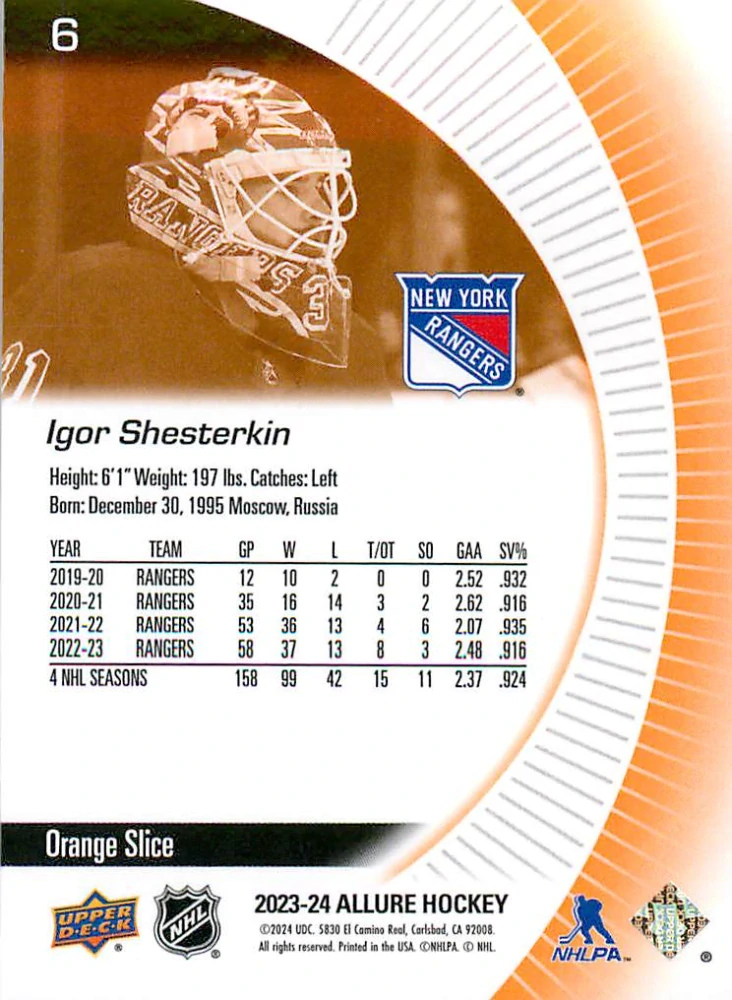 2023-24 UD Allure - Igor Shesterkin - Orange Slice #6