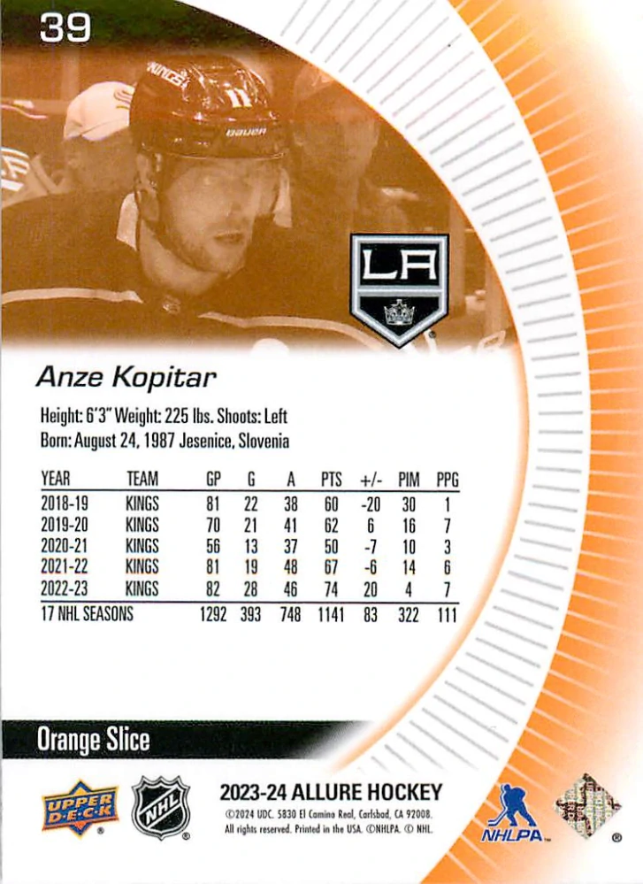 2023-24 UD Allure - Anze Kopitar - Orange Slice #39