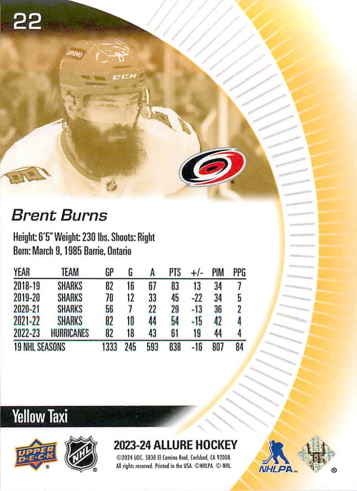 2023-24 UD Allure - Brent Burns - Yellow Taxi #22