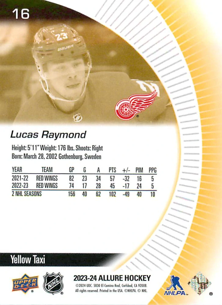 2023-24 UD Allure - Lucas Raymond - Yellow Taxi #16