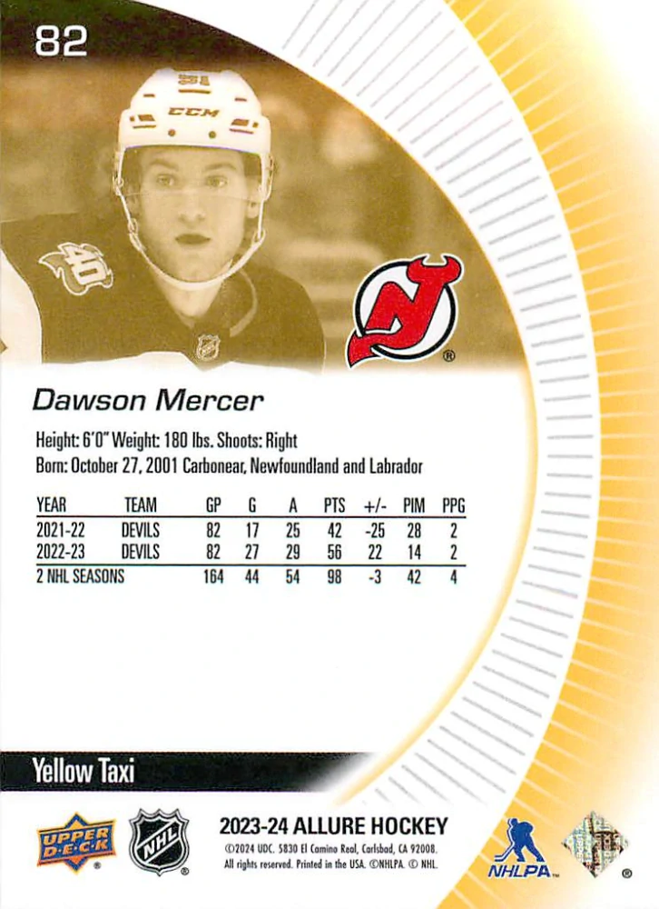2023-24 UD Allure - Dawson Mercer - Yellow Taxi #82