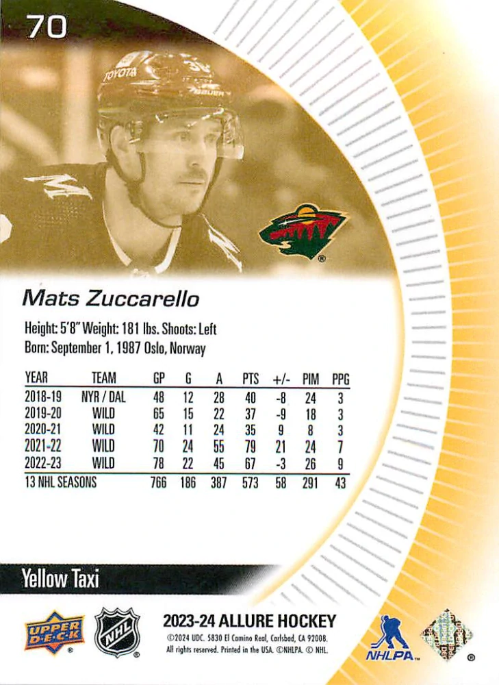 2023-24 UD Allure - Mats Zuccarello - Yellow Taxi #70