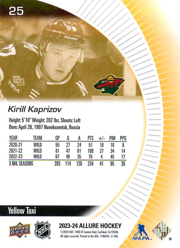 2023-24 UD Allure - Kirill Kaprizov - Yellow Taxi #25