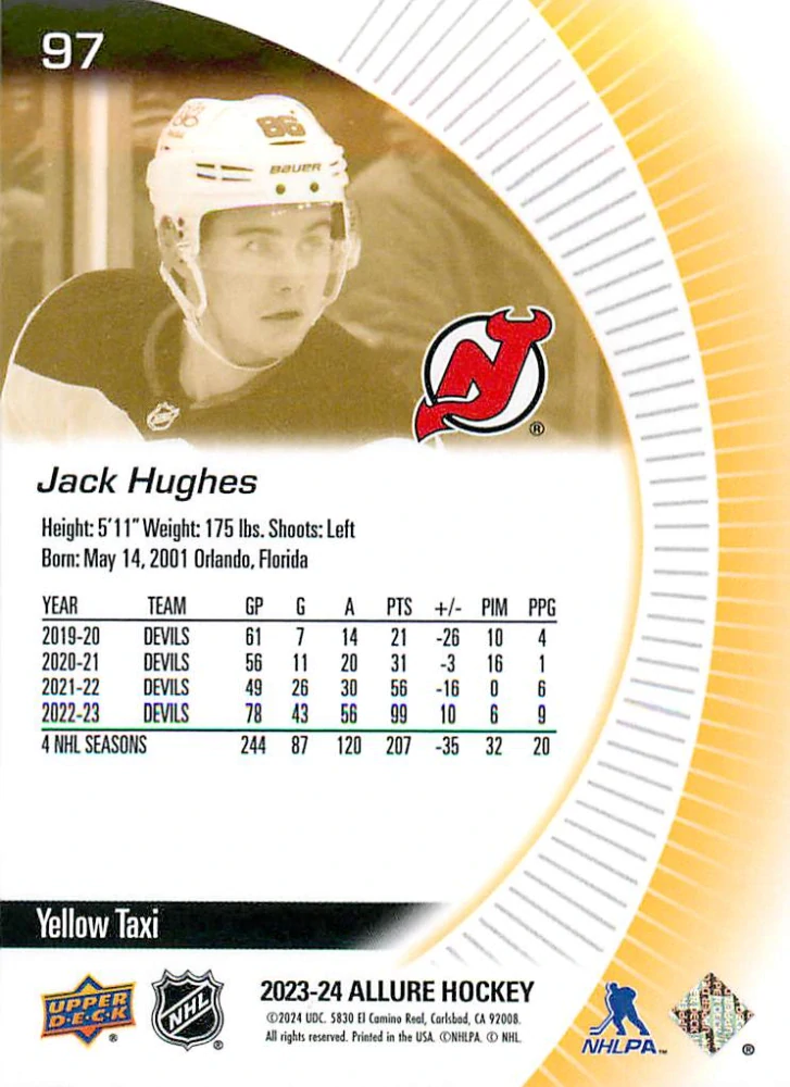 2023-24 UD Allure - Jack Hughes - Yellow Taxi #97