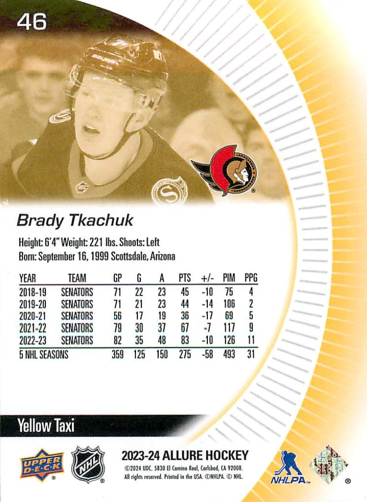 2023-24 UD Allure - Brady Tkachuk - Yellow Taxi #46
