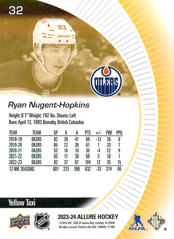 2023-24 UD Allure - Ryan Nugent-Hopkins - Yellow Taxi #32