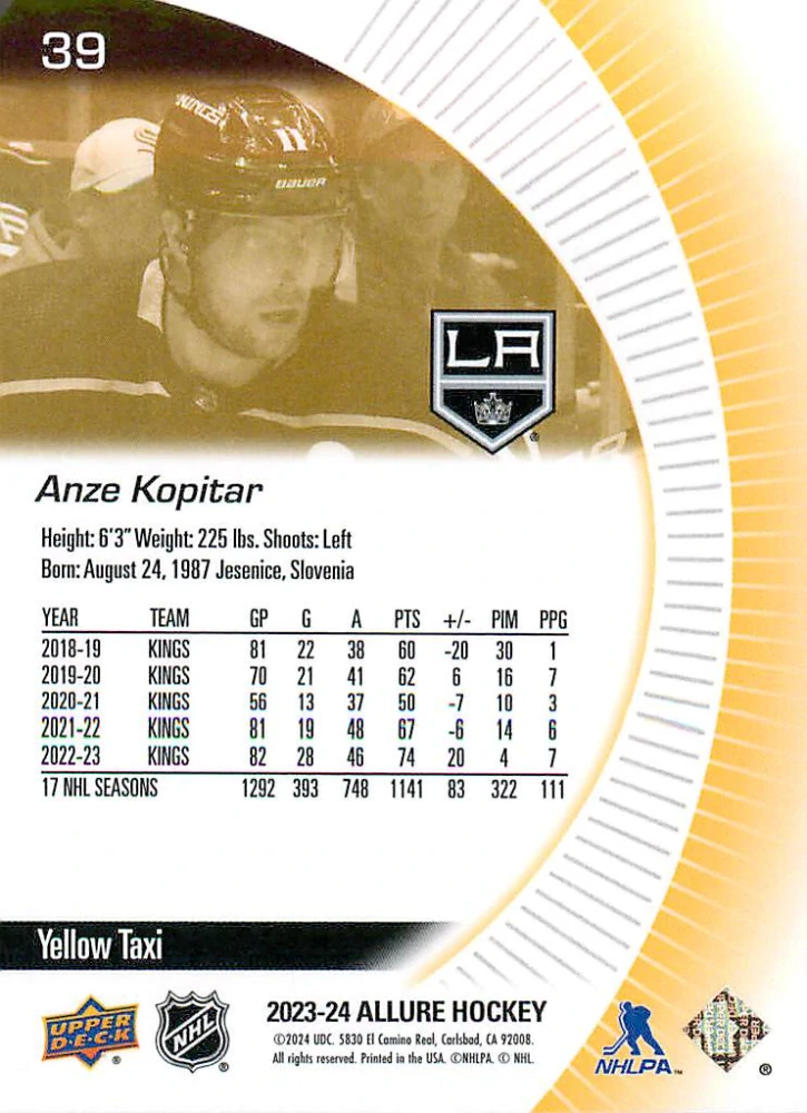 2023-24 UD Allure - Anze Kopitar - Yellow Taxi #39