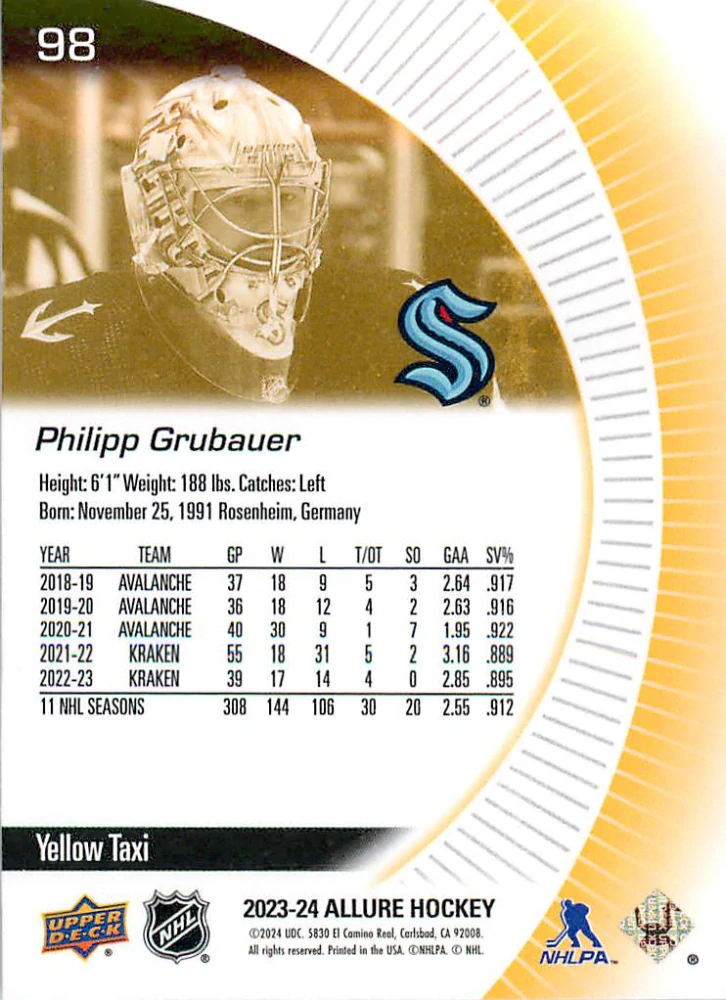 2023-24 UD Allure - Philipp Grubauer - Yellow Taxi #98