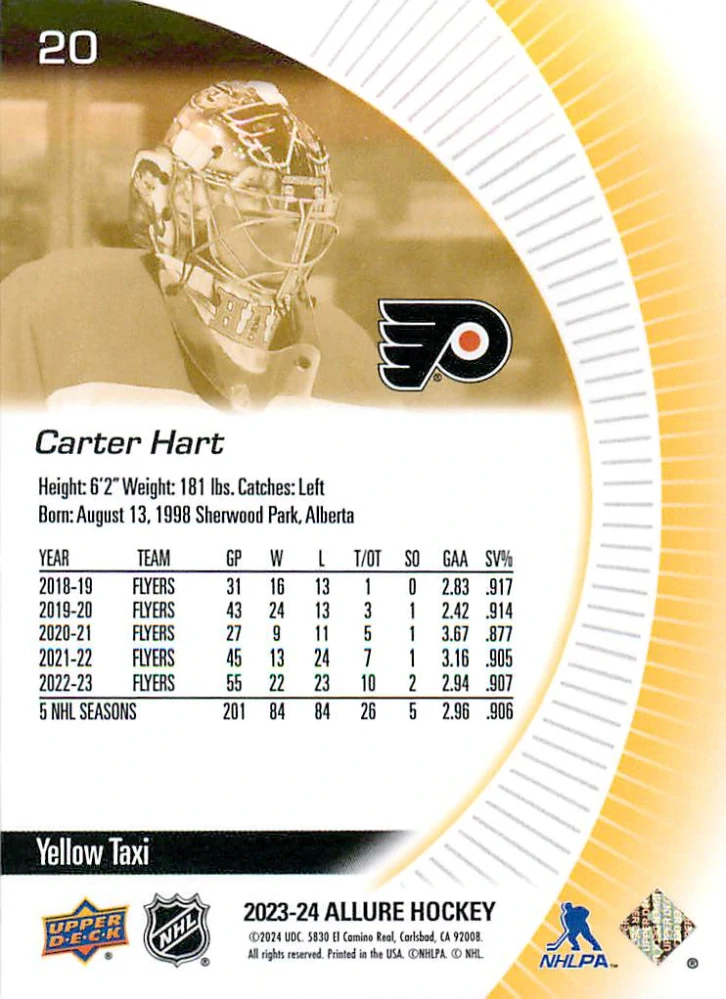 2023-24 UD Allure - Carter Hart - Yellow Taxi #20