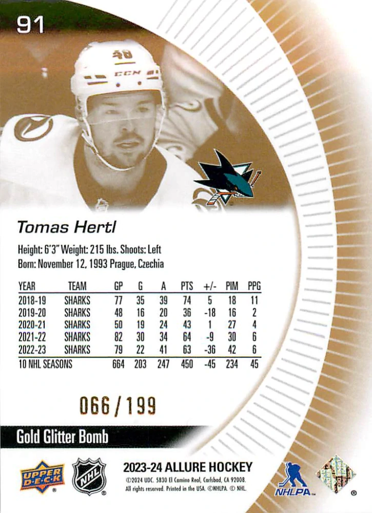 2023-24 UD Allure - Tomáš Hertl - Gold Glitter Bomb /199 #91
