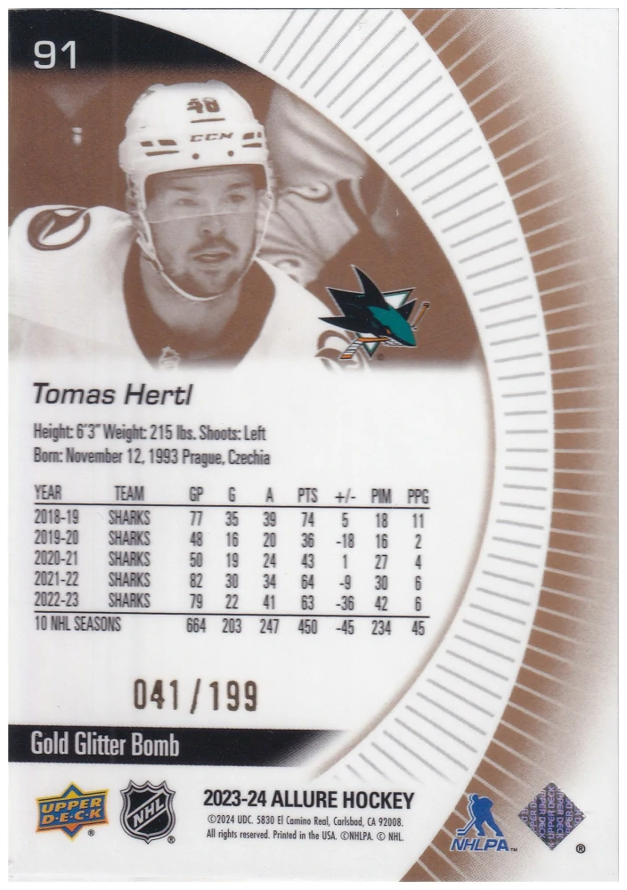 2023-24 UD Allure - Tomáš Hertl - Gold Glitter Bomb /199 #91