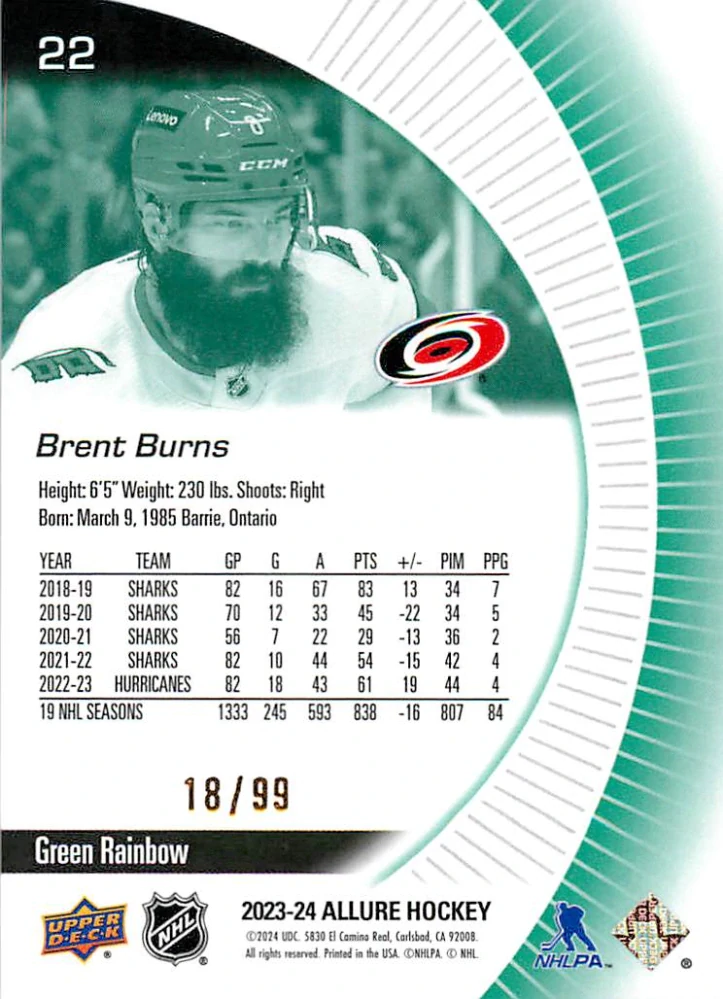 2023-24 UD Allure - Brent Burns - Green Rainbow /99