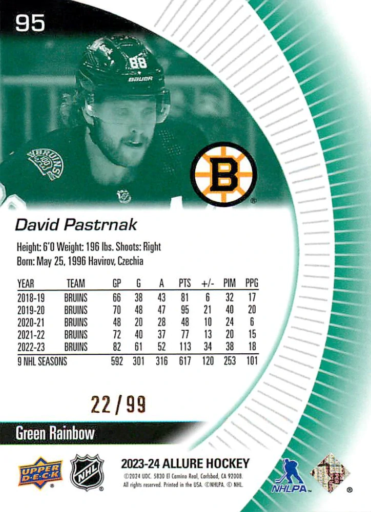 2023-24 UD Allure - David Pastrňák - Green Rainbow /99 #95