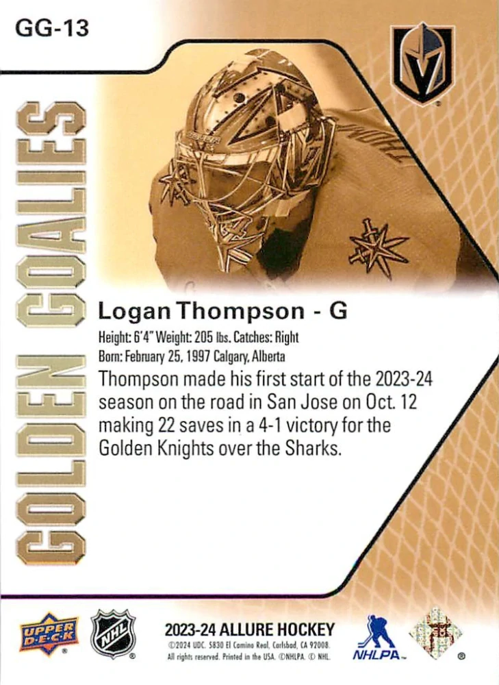 2023-24 UD Allure - Logan Thompson - Golden Goalies #GG-13