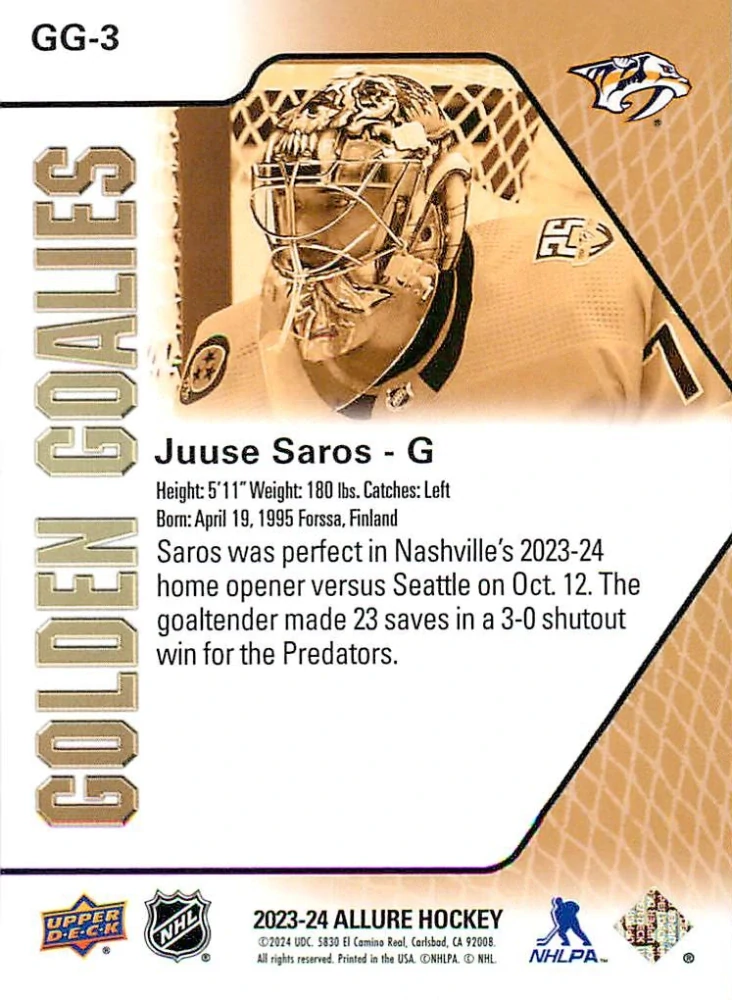 2023-24 UD Allure - Juuse Saros - Golden Goalies #GG-3