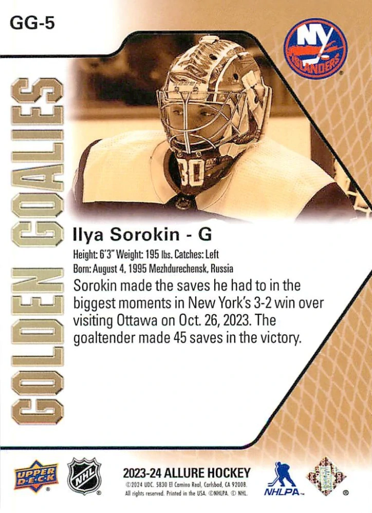 2023-24 UD Allure - Ilya Sorokin - Golden Goalies #GG-5