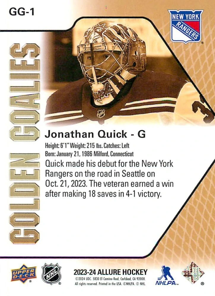 2023-24 UD Allure - Jonathan Quick - Golden Goalies #GG-1