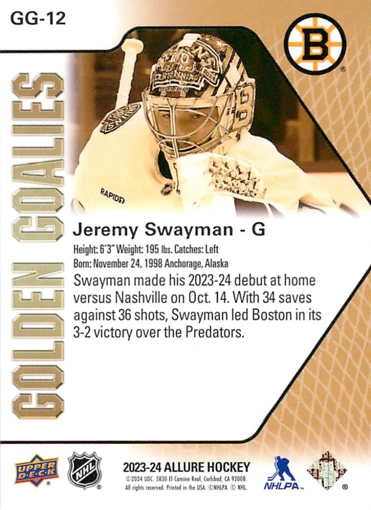 2023-24 UD Allure - Jeremy Swayman - Golden Goalies #GG-12