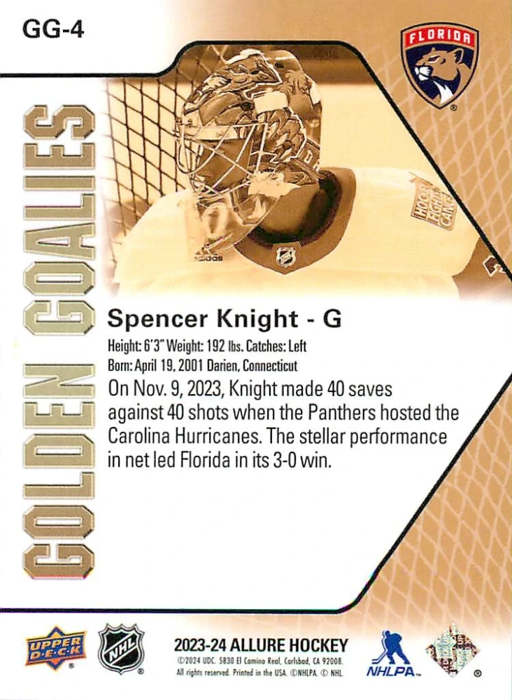 2023-24 UD Allure - Spencer Knight - Golden Goalies #GG-4