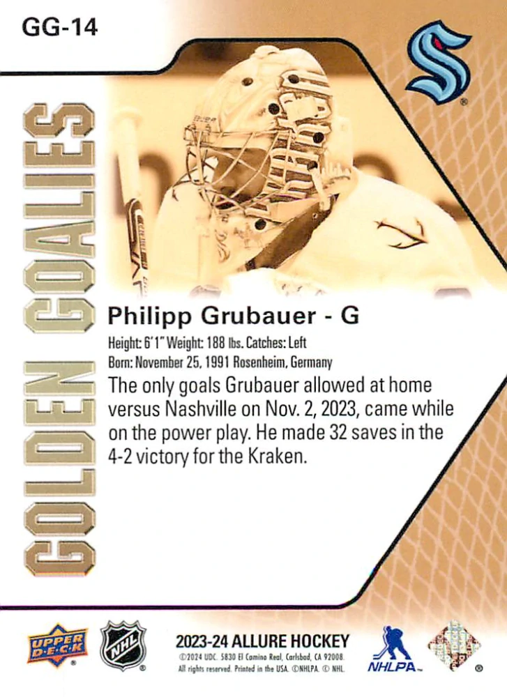 2023-24 UD Allure - Philipp Grubauer - Golden Goalies #GG-14