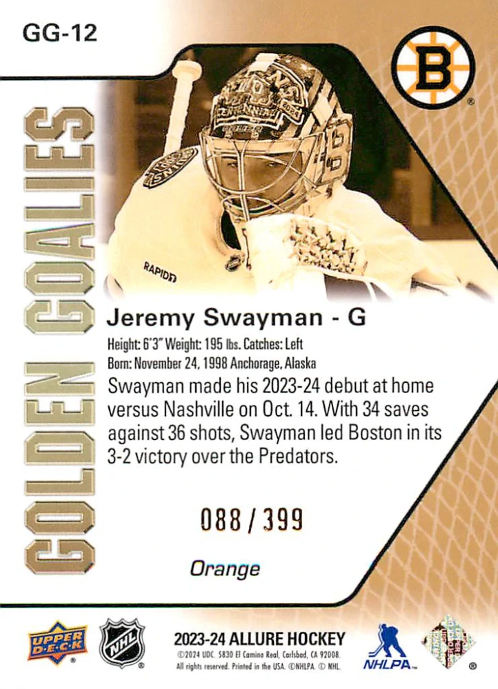2023-24 UD Allure - Jeremy Swayman - Golden Goalies Orange /399 #GG-12